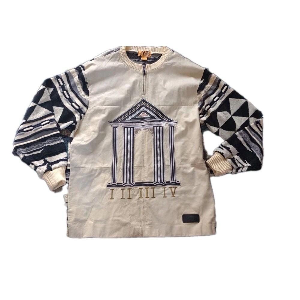 Trutus Biancarra Mens Vtg Sweater Sz XL Knit & Leather 90s Retro Style Aztec